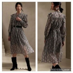 Banana Republic Flutter Midi Black Multi Paisley Belted Shirtdress Size S